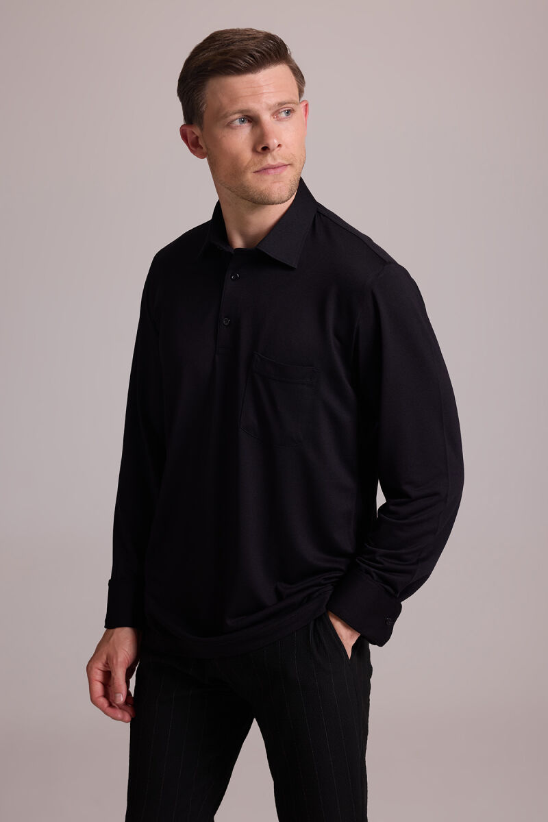 Erkek Siyah Polo Yaka Sweatshirt - 6