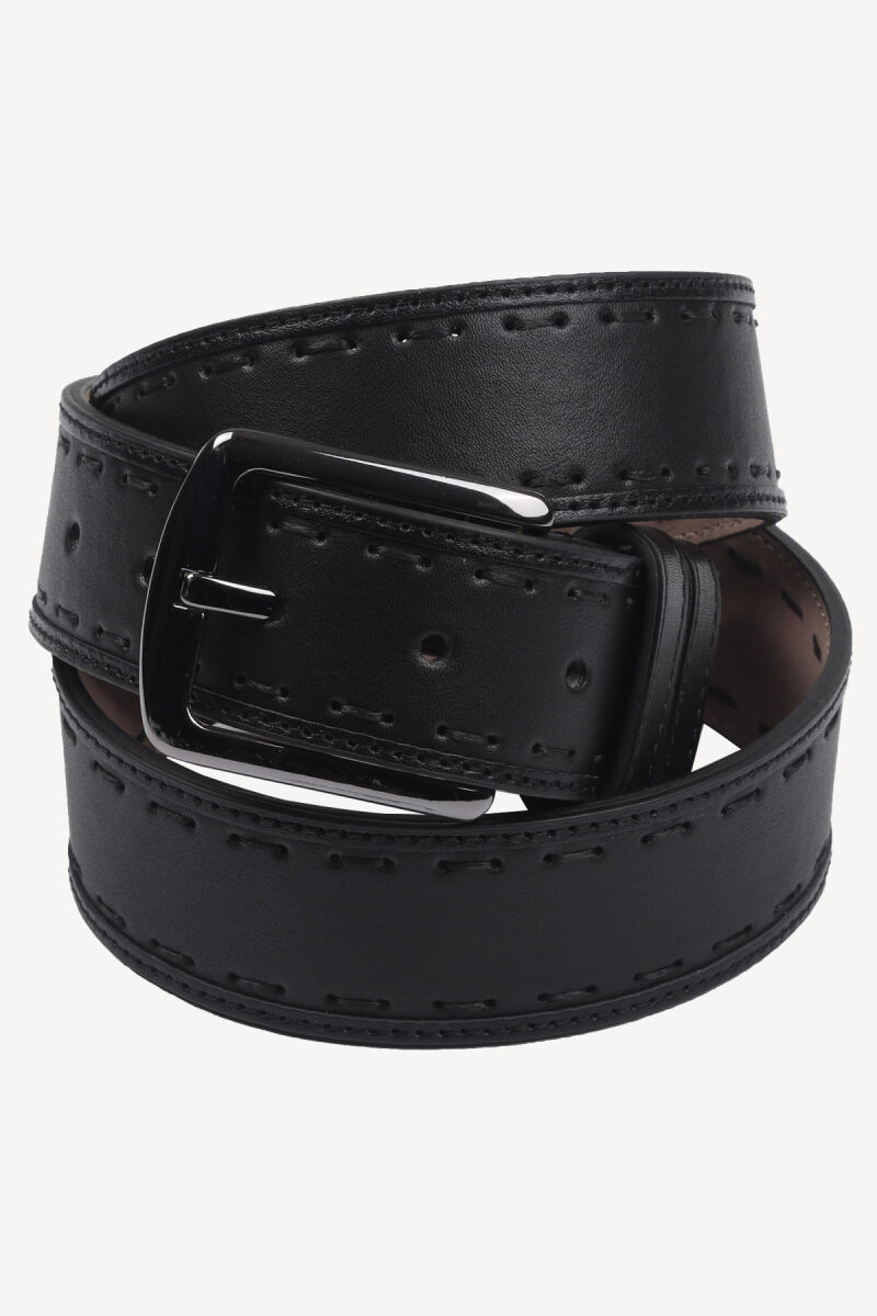Erkek Siyah Punto Dikişli Spor Deri Kemer - 1