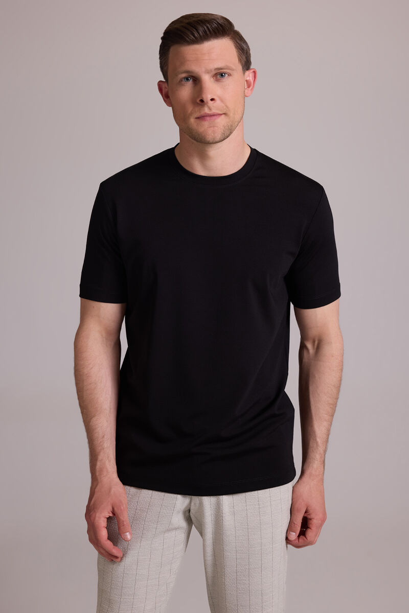 Erkek Siyah Regular Fit Bisiklet Yaka T-shirt - 1