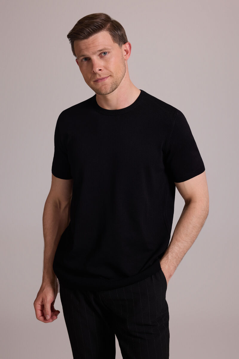 Erkek Siyah Regular Fit Bisiklet Yaka Triko Tişört - 1