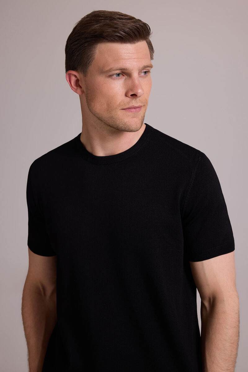 Erkek Siyah Regular Fit Bisiklet Yaka Triko Tişört - 3