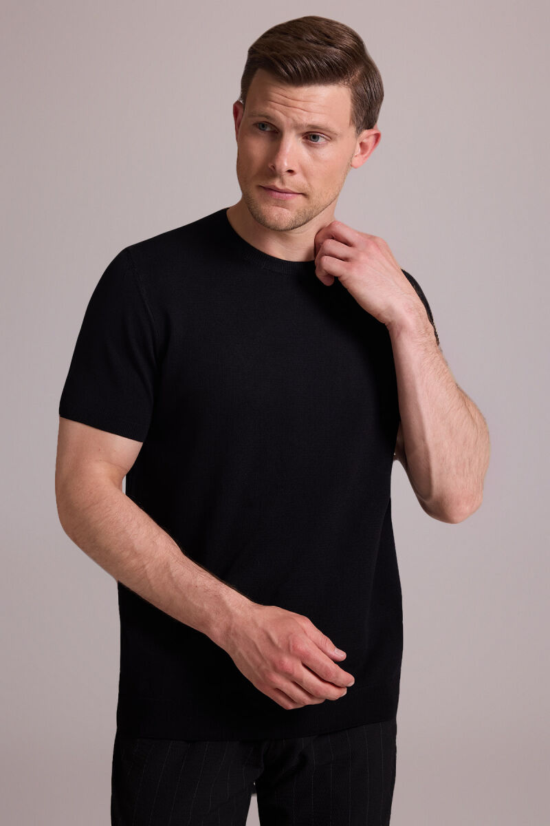 Erkek Siyah Regular Fit Bisiklet Yaka Triko Tişört - 4