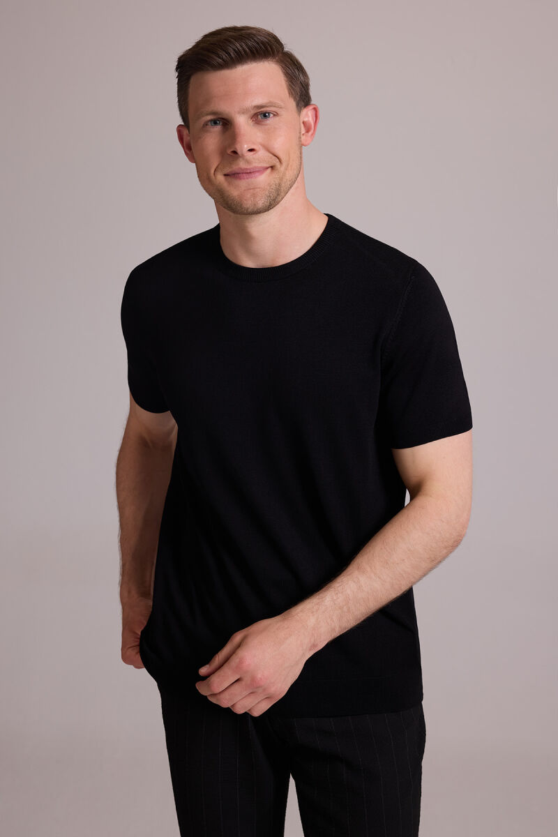 Erkek Siyah Regular Fit Bisiklet Yaka Triko Tişört - 5