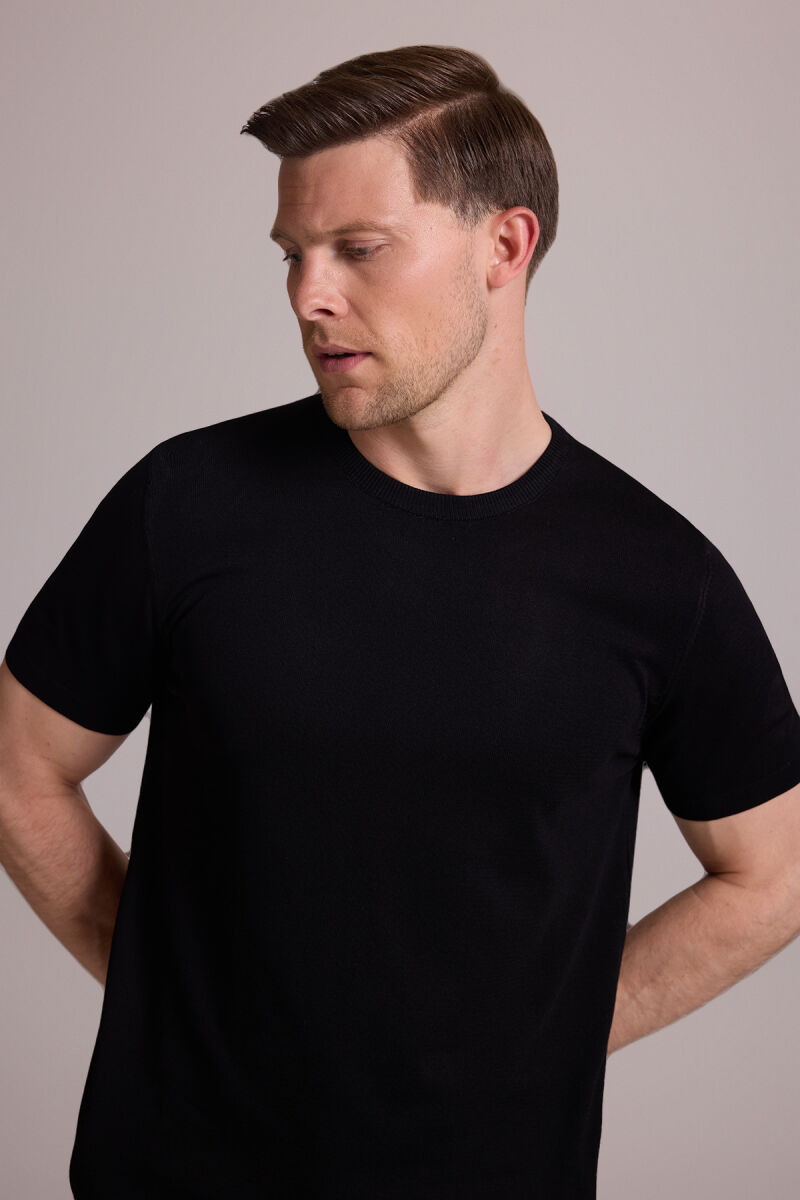 Erkek Siyah Regular Fit Bisiklet Yaka Triko Tişört - 6