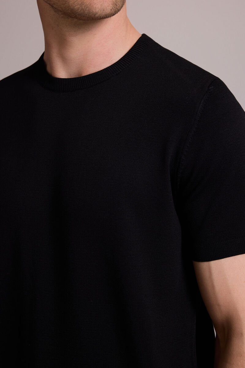 Erkek Siyah Regular Fit Bisiklet Yaka Triko Tişört - 7