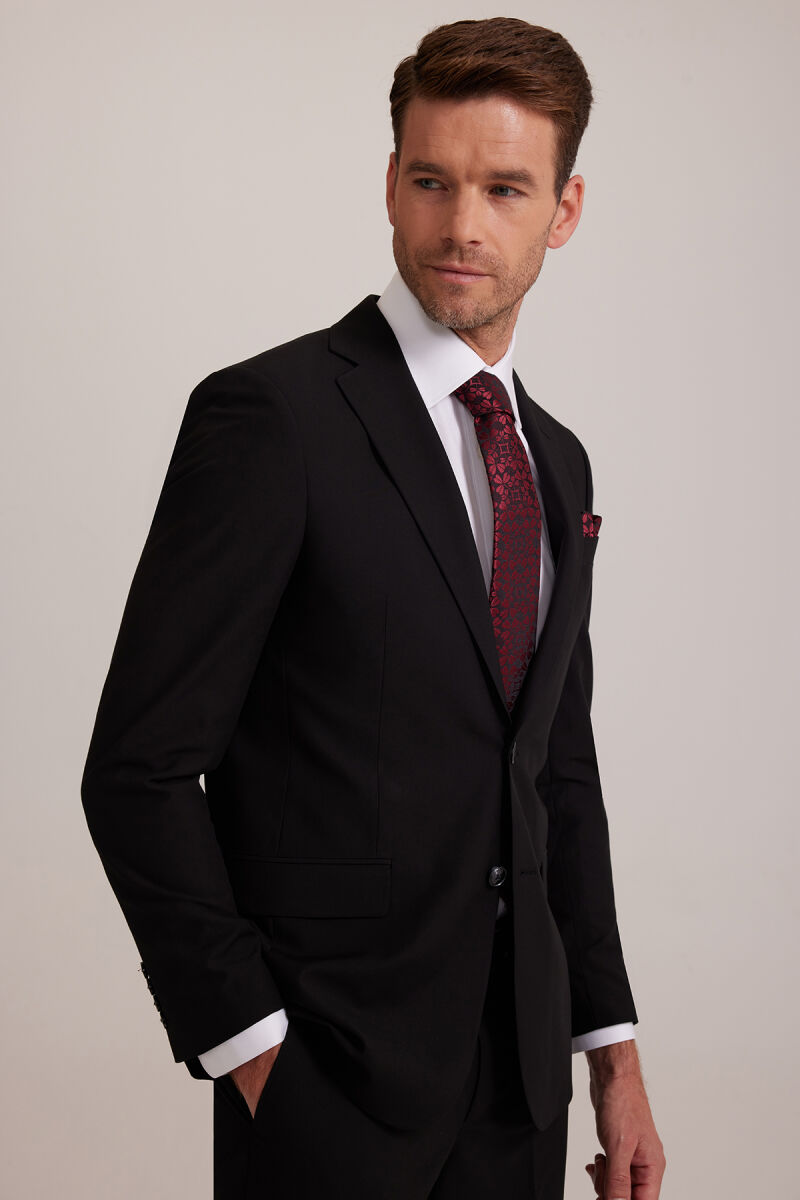Erkek Siyah Regular Fit Çift Yırtmaç %100 Yün Takım Elbise - 6