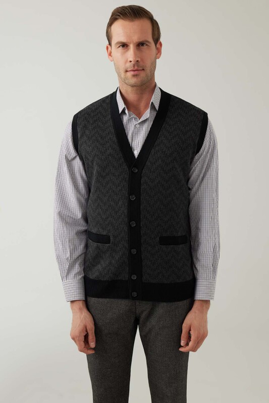 Erkek Siyah Regular Fit Desenli Yün Karışımlı Triko Yelek