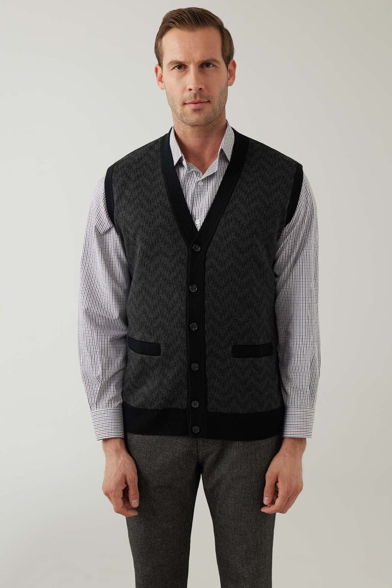 Erkek Siyah Regular Fit Desenli Yün Karışımlı Triko Yelek - 1