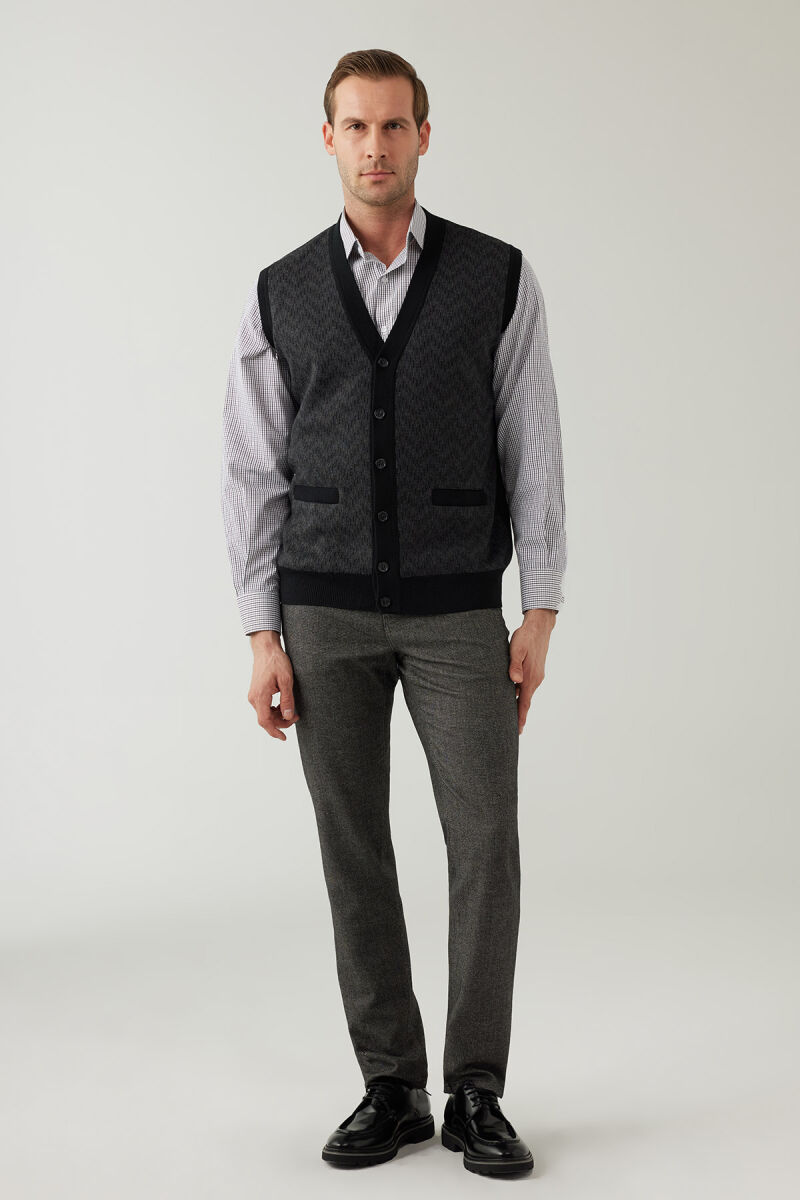 Erkek Siyah Regular Fit Desenli Yün Karışımlı Triko Yelek - 2