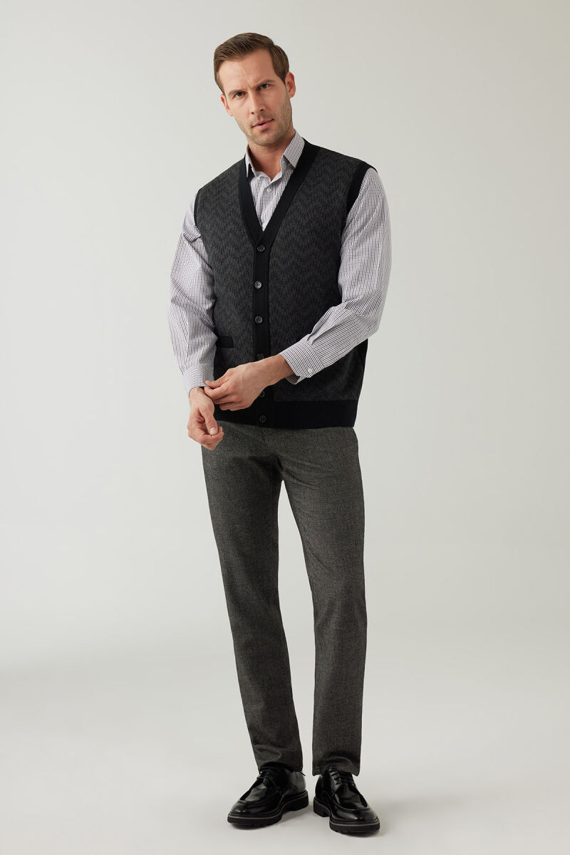 Erkek Siyah Regular Fit Desenli Yün Karışımlı Triko Yelek - 3