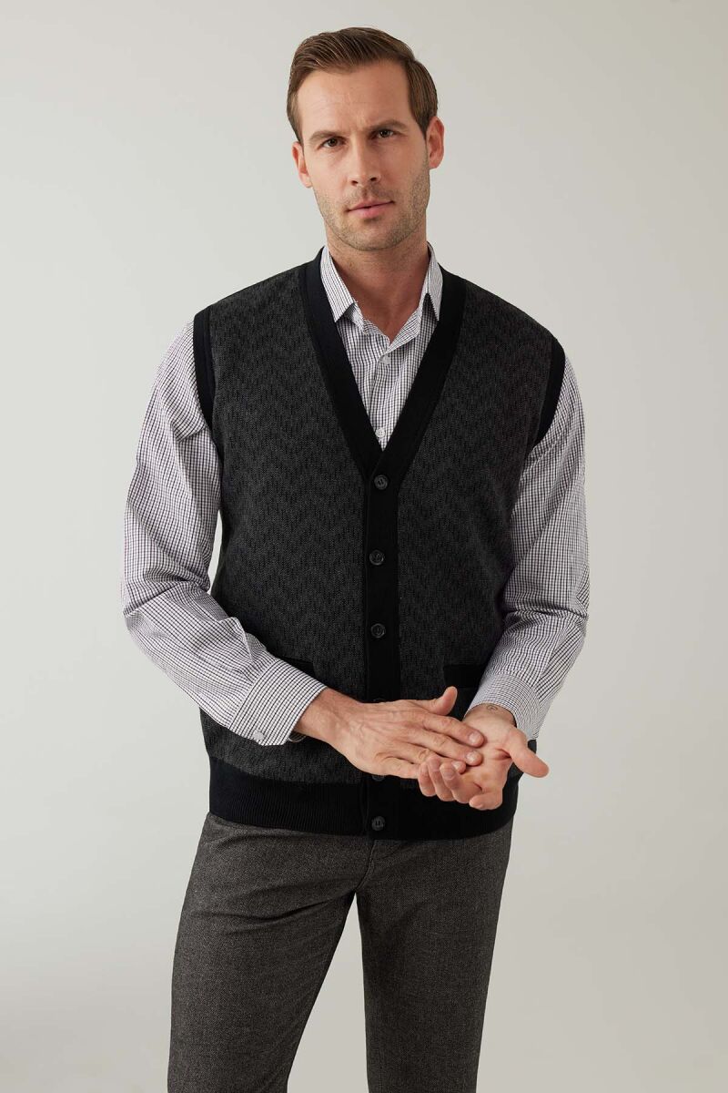 Erkek Siyah Regular Fit Desenli Yün Karışımlı Triko Yelek - 4