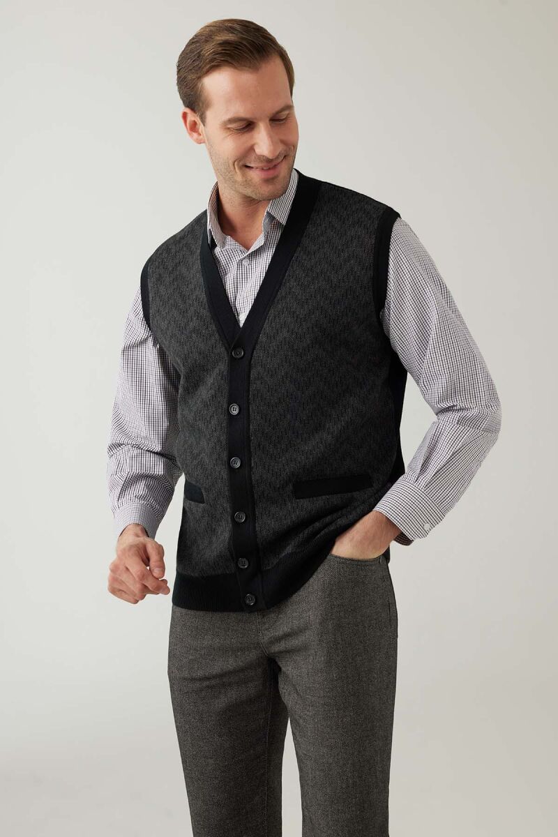 Erkek Siyah Regular Fit Desenli Yün Karışımlı Triko Yelek - 5