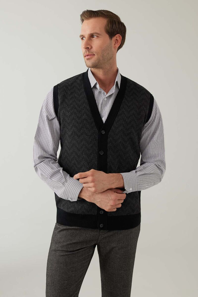 Erkek Siyah Regular Fit Desenli Yün Karışımlı Triko Yelek - 6