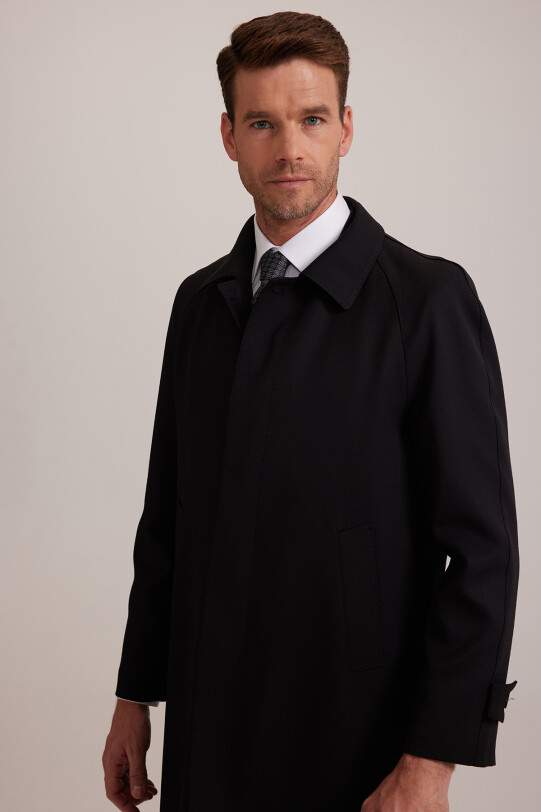 Erkek Siyah Regular Fit Gabardin Pardesü