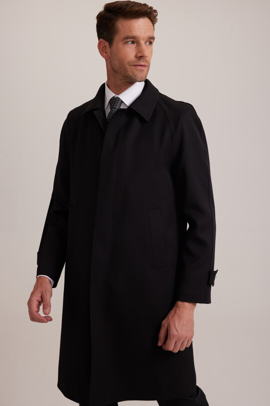 Erkek Siyah Regular Fit Gabardin Pardesü