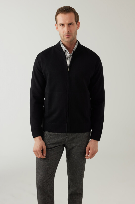 Erkek Siyah Regular Fit Hakim Yaka Çelik Örgü Triko Hırka