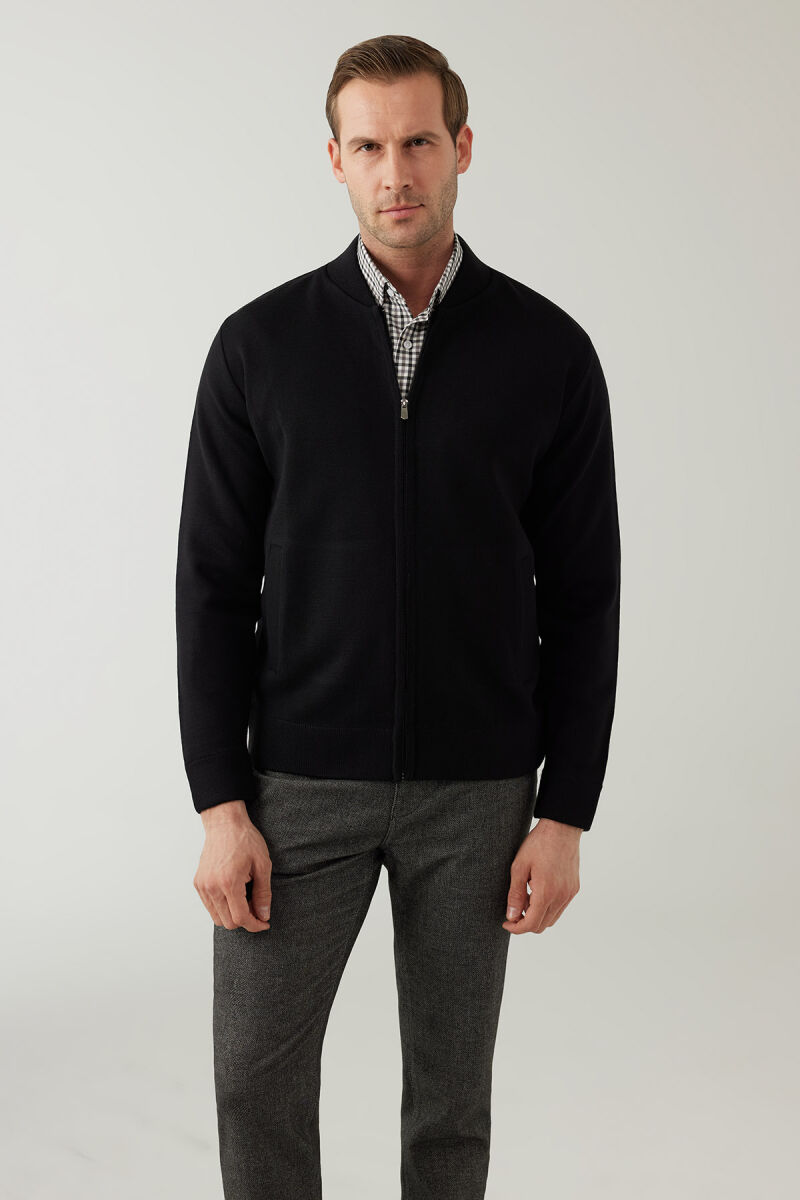 Erkek Siyah Regular Fit Hakim Yaka Çelik Örgü Triko Hırka - 1