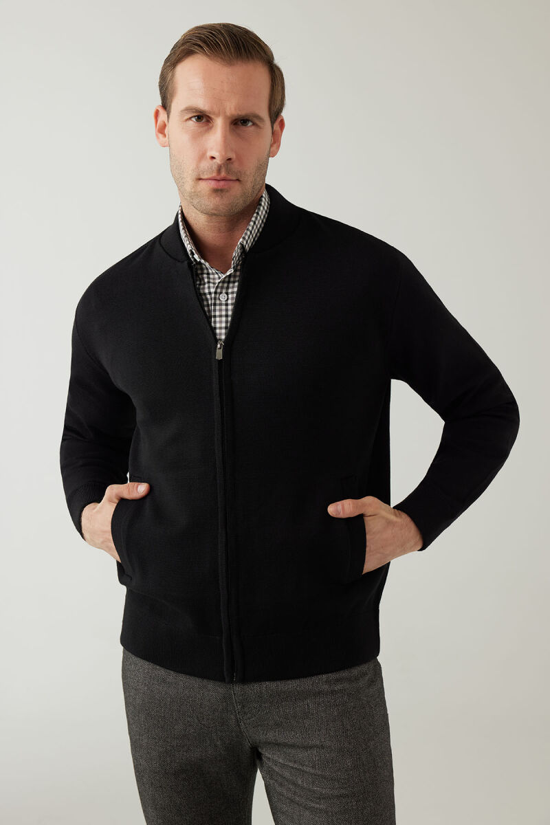 Erkek Siyah Regular Fit Hakim Yaka Çelik Örgü Triko Hırka - 2