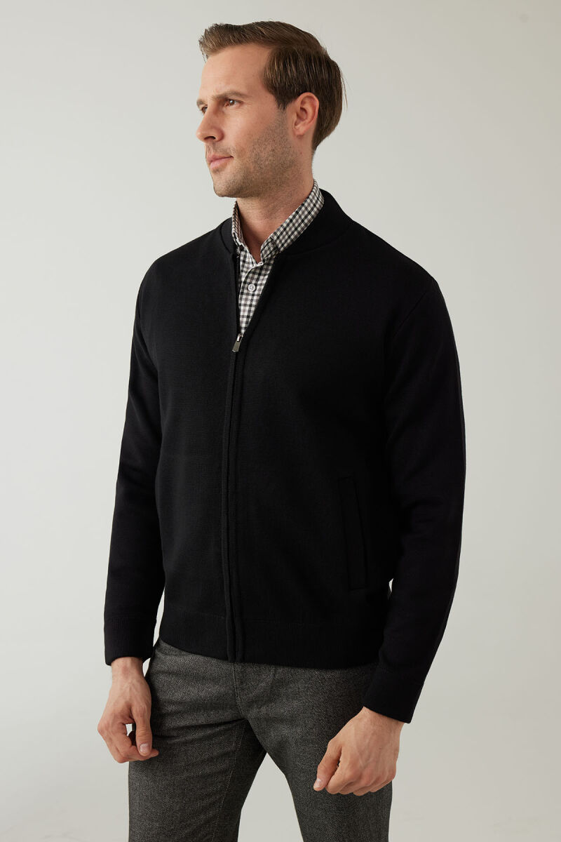 Erkek Siyah Regular Fit Hakim Yaka Çelik Örgü Triko Hırka - 5