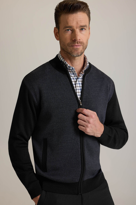 Erkek Siyah Regular Fit Hakim Yaka Fermuarlı Triko Hırka