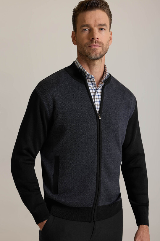 Erkek Siyah Regular Fit Hakim Yaka Fermuarlı Triko Hırka