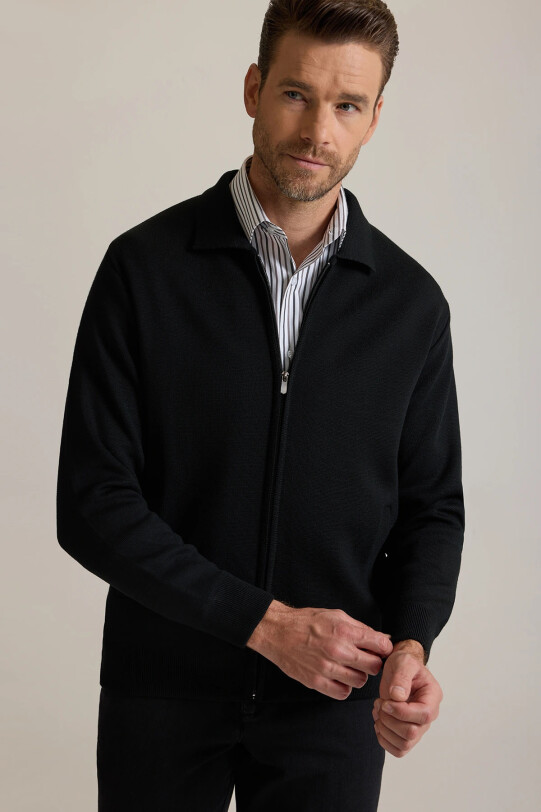 Erkek Siyah Regular Fit İçi Astarlı Fermuarlı Triko Hırka