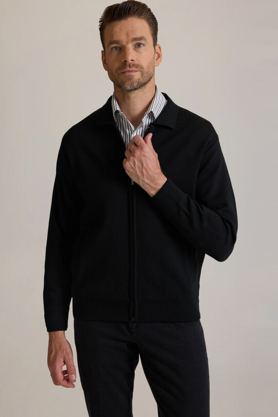 Erkek Siyah Regular Fit İçi Astarlı Fermuarlı Triko Hırka