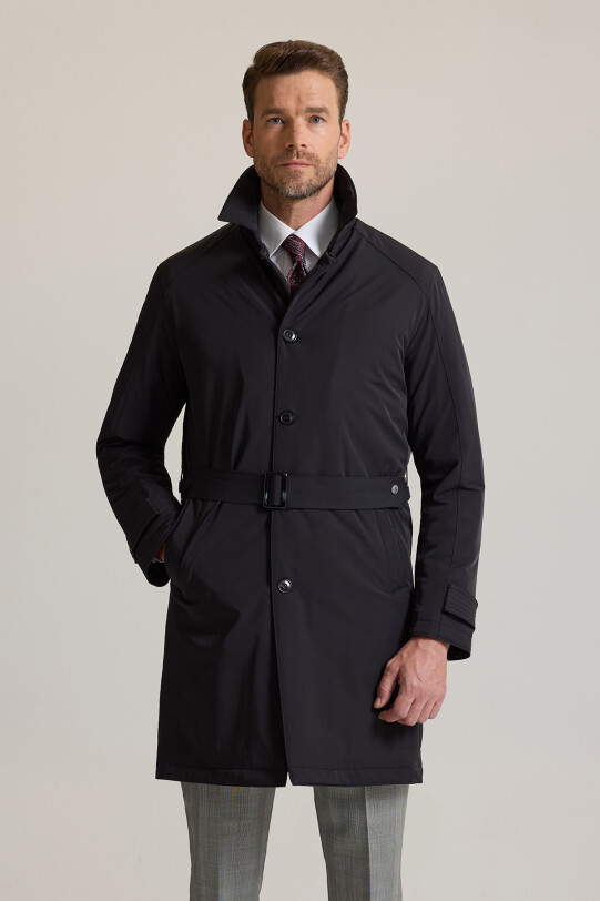 Erkek Siyah Regular Fit İçi Çıkmalı Kuşaklı Pardesü