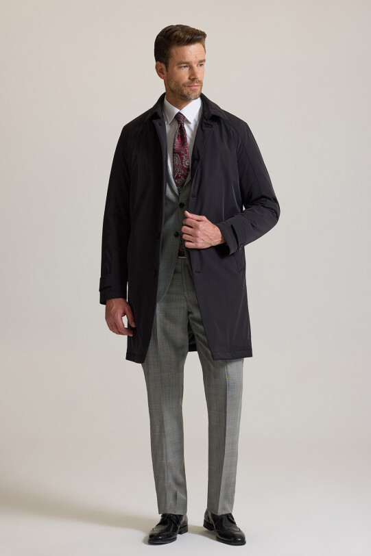 Erkek Siyah Regular Fit İçi Çıkmalı Kuşaklı Pardesü