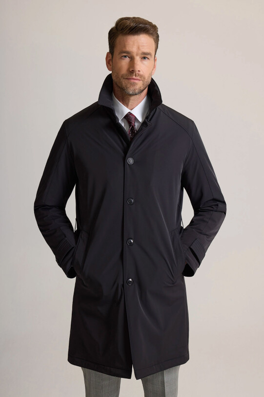 Erkek Siyah Regular Fit İçi Çıkmalı Kuşaklı Pardesü