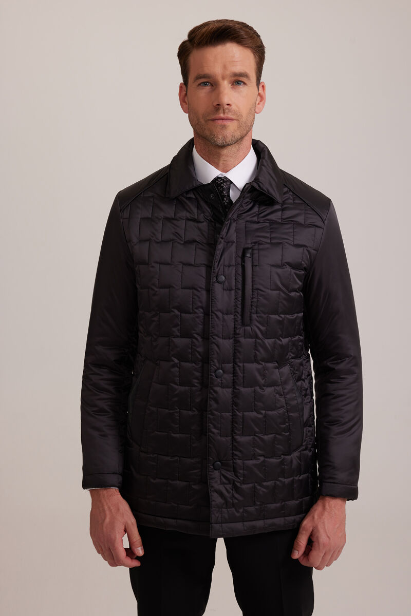 Erkek Siyah Regular Fit Kare Desenli Yakalı Kaban - 1