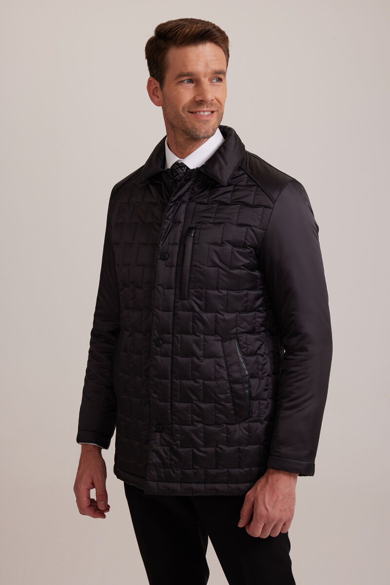 Erkek Siyah Regular Fit Kare Desenli Yakalı Kaban - 2