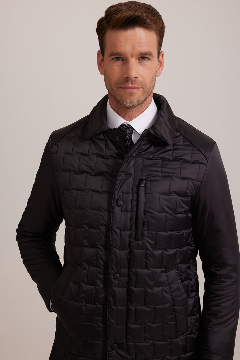 Erkek Siyah Regular Fit Kare Desenli Yakalı Kaban - 5