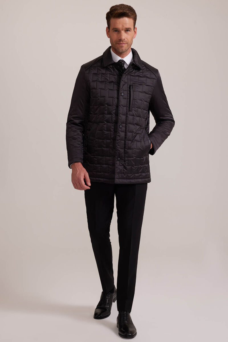 Erkek Siyah Regular Fit Kare Desenli Yakalı Kaban - 6