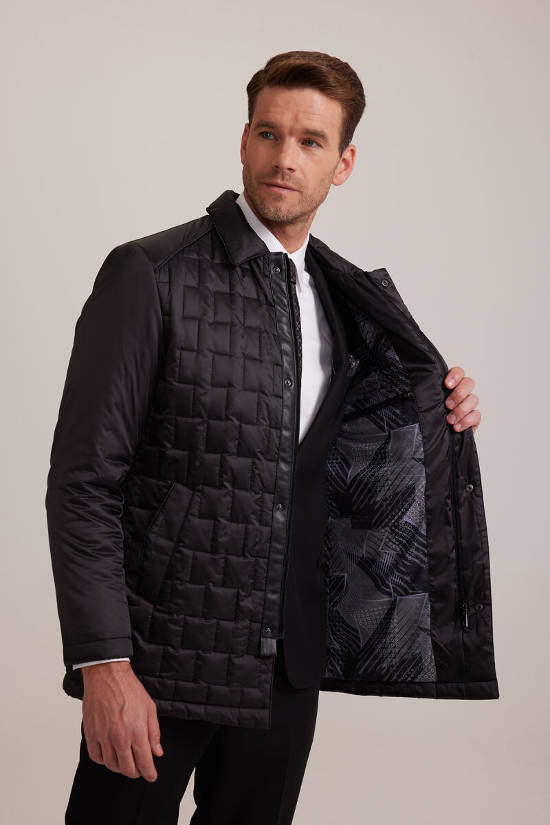 Erkek Siyah Regular Fit Kare Desenli Yakalı Kaban - 7