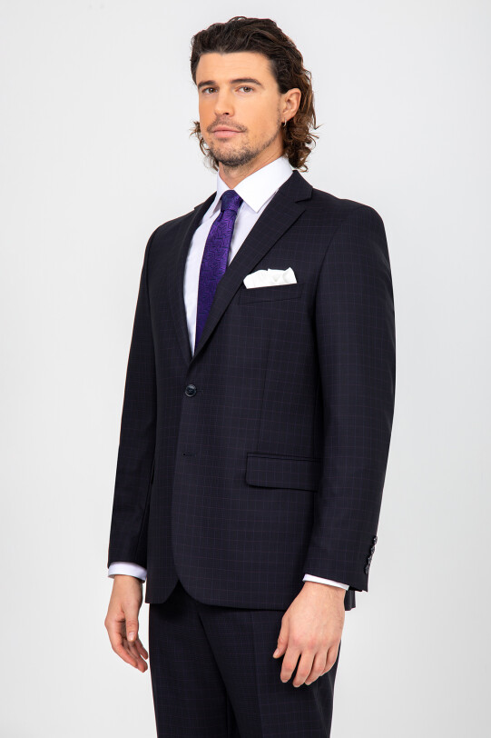 Erkek Siyah Regular Fit Kareli Takım Elbise