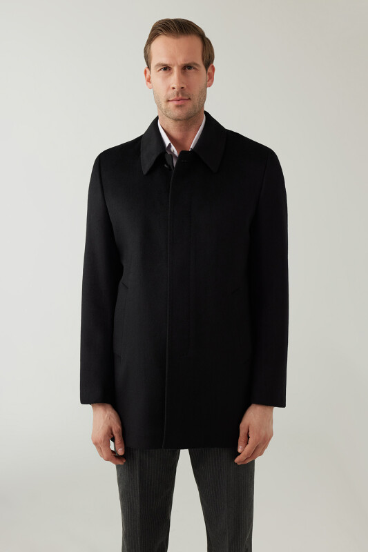 Erkek Siyah Regular Fit Kaşmir Kısa Kaban