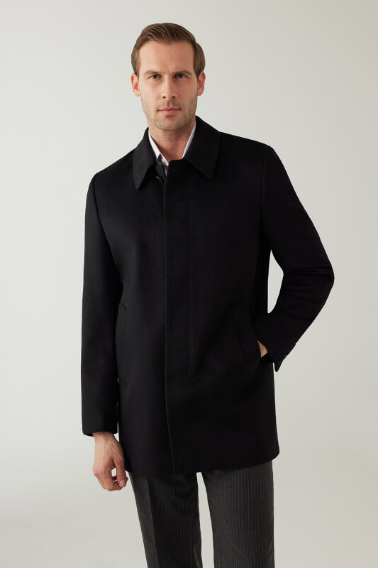 Erkek Siyah Regular Fit Kaşmir Kısa Kaban