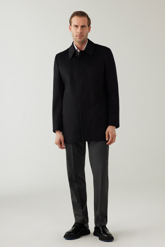 Erkek Siyah Regular Fit Kaşmir Kısa Kaban