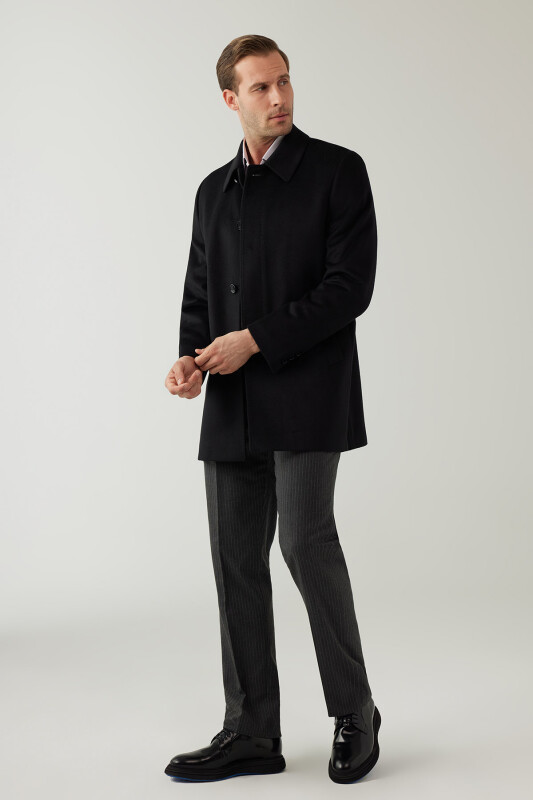 Erkek Siyah Regular Fit Kaşmir Kısa Kaban