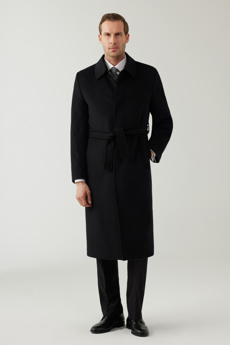 Erkek Siyah Regular Fit Kaşmir Uzun Kuşaklı Palto - 1