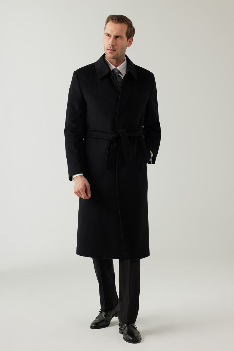 Erkek Siyah Regular Fit Kaşmir Uzun Kuşaklı Palto - 2