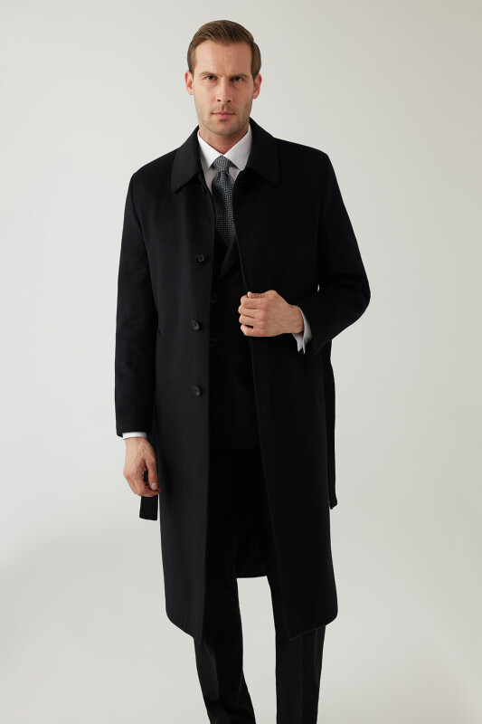 Erkek Siyah Regular Fit Kaşmir Uzun Kuşaklı Palto