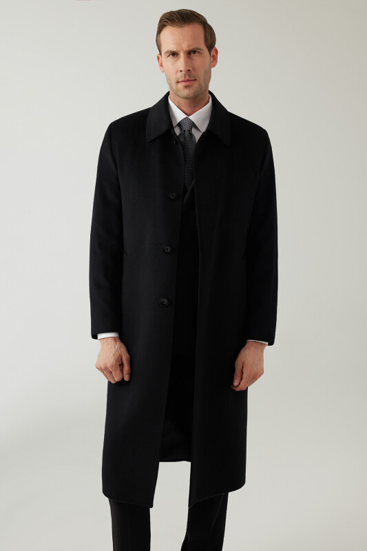 Erkek Siyah Regular Fit Kaşmir Uzun Kuşaklı Palto