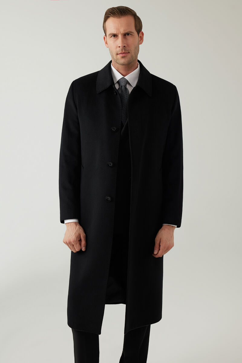Erkek Siyah Regular Fit Kaşmir Uzun Kuşaklı Palto - 4