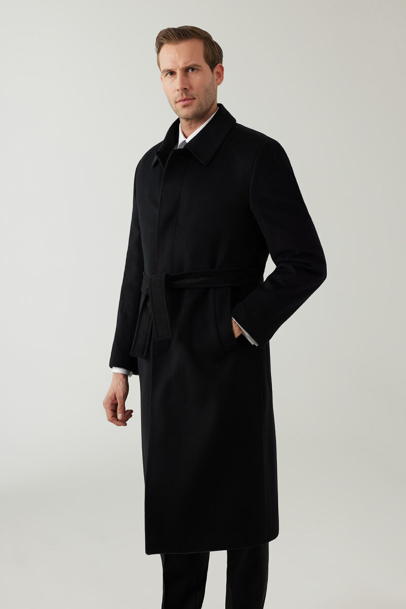 Erkek Siyah Regular Fit Kaşmir Uzun Kuşaklı Palto - 5