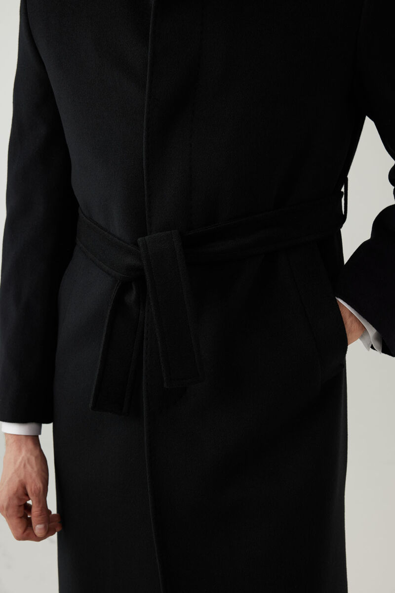 Erkek Siyah Regular Fit Kaşmir Uzun Kuşaklı Palto - 6