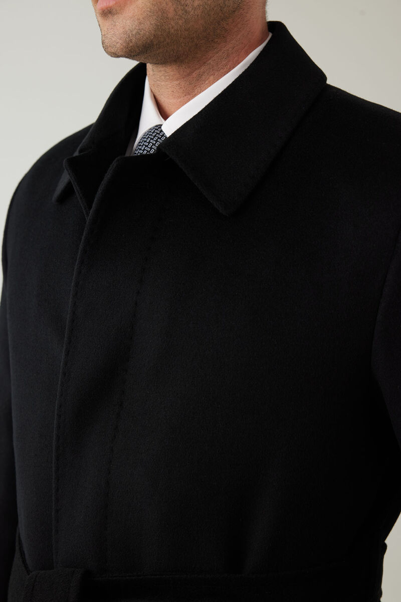 Erkek Siyah Regular Fit Kaşmir Uzun Kuşaklı Palto - 7