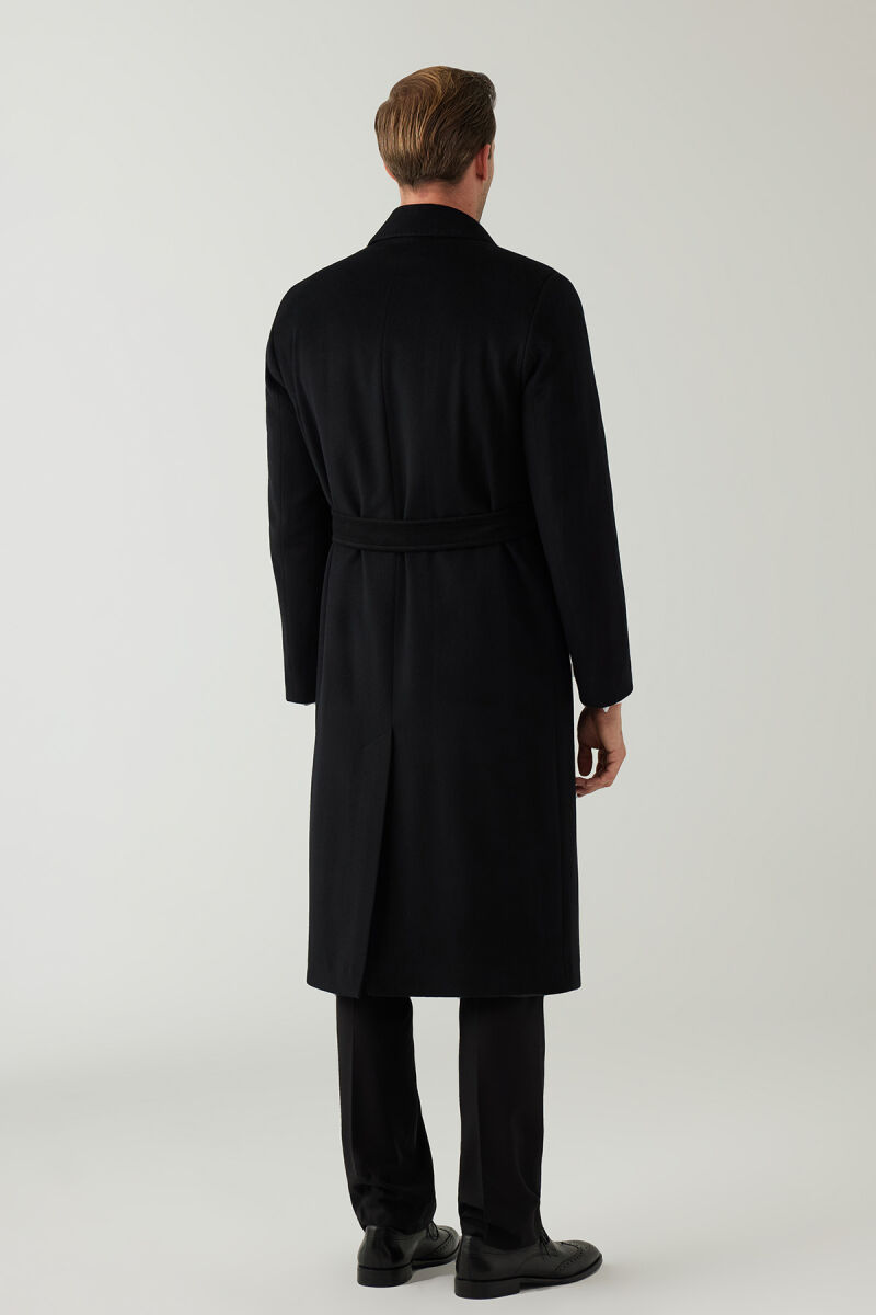 Erkek Siyah Regular Fit Kaşmir Uzun Kuşaklı Palto - 8