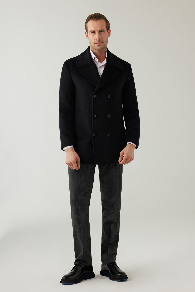 Erkek Siyah Regular Fit Kırlangıç Yaka Kaban - 1